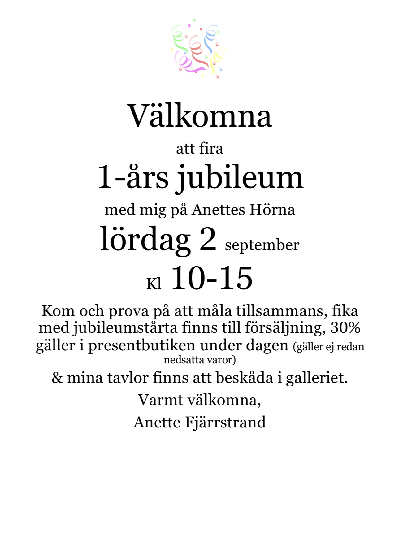 Läs mer om artikeln 1 års jubileum lördagen den 2 september kl 10 – 15